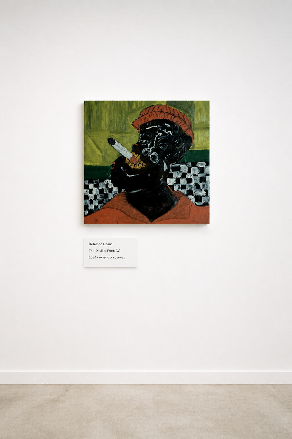 The Devil Is From DC
2024 · Acrylic on canvas
Featured inside the vinyl · IDK, E.T.D.S. (2025)
IDK is from DC. He also went to prison. This painting came from listening to what that made him — the time spent, what it does to a person, what survives i