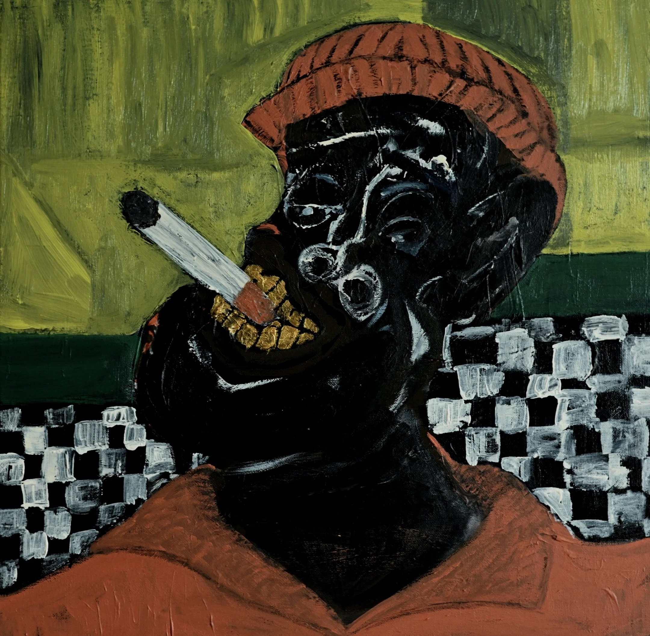 The Devil Is From DC
2024 · Acrylic on canvas
Featured inside the vinyl · IDK, E.T.D.S. (2025)
IDK is from DC. He also went to prison. This painting came from listening to what that made him — the time spent, what it does to a person, what survives i