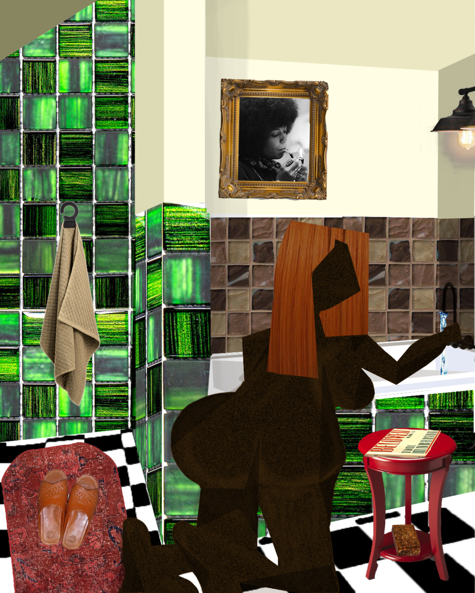 Self Care — collage of Black woman's bath ritual with bell hooks and Angela Davis on the wall, 2022, part of the At Home series by Studio Nesha