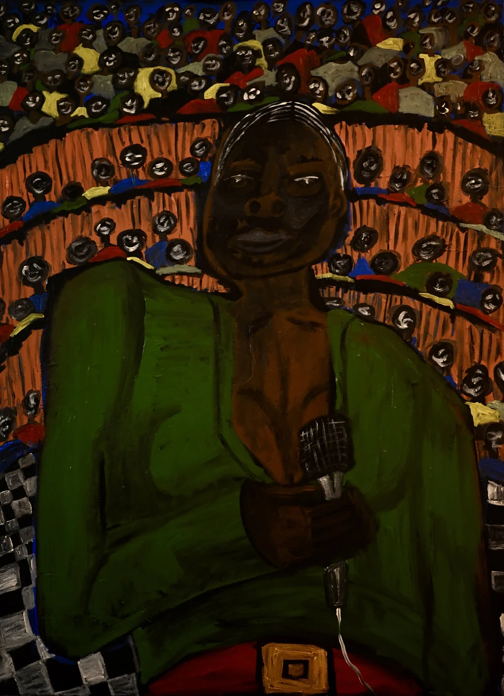 The Singer
2025 · Acrylic on canvas
Music was never simple for me.
It was fear as much as it was love. A relationship I couldn't leave and couldn't fully enter.
This painting is the dream version — me as Mary, microphone in hand, a packed room at my 