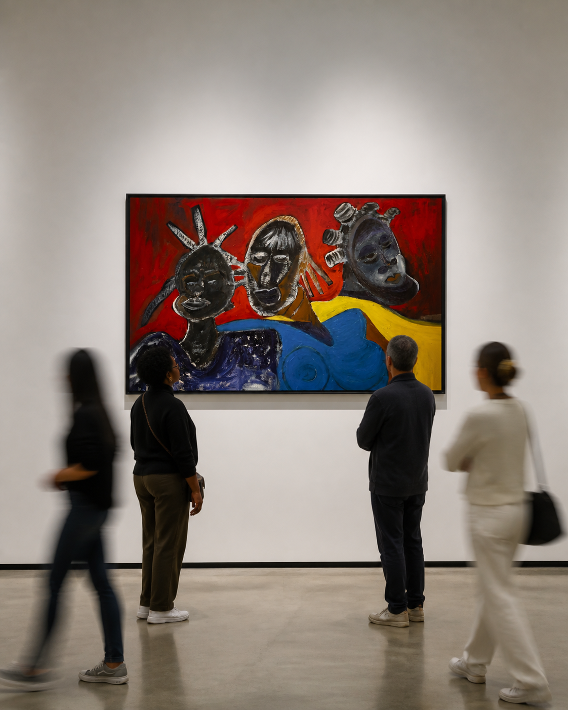 Sisters We Chose
2025 · Acrylic on canvas
Currently on view at Elizabeth City State University Library
Black women find each other in rooms not built for them.
This painting is about what happens after that — the choice to stay, to watch, to build so