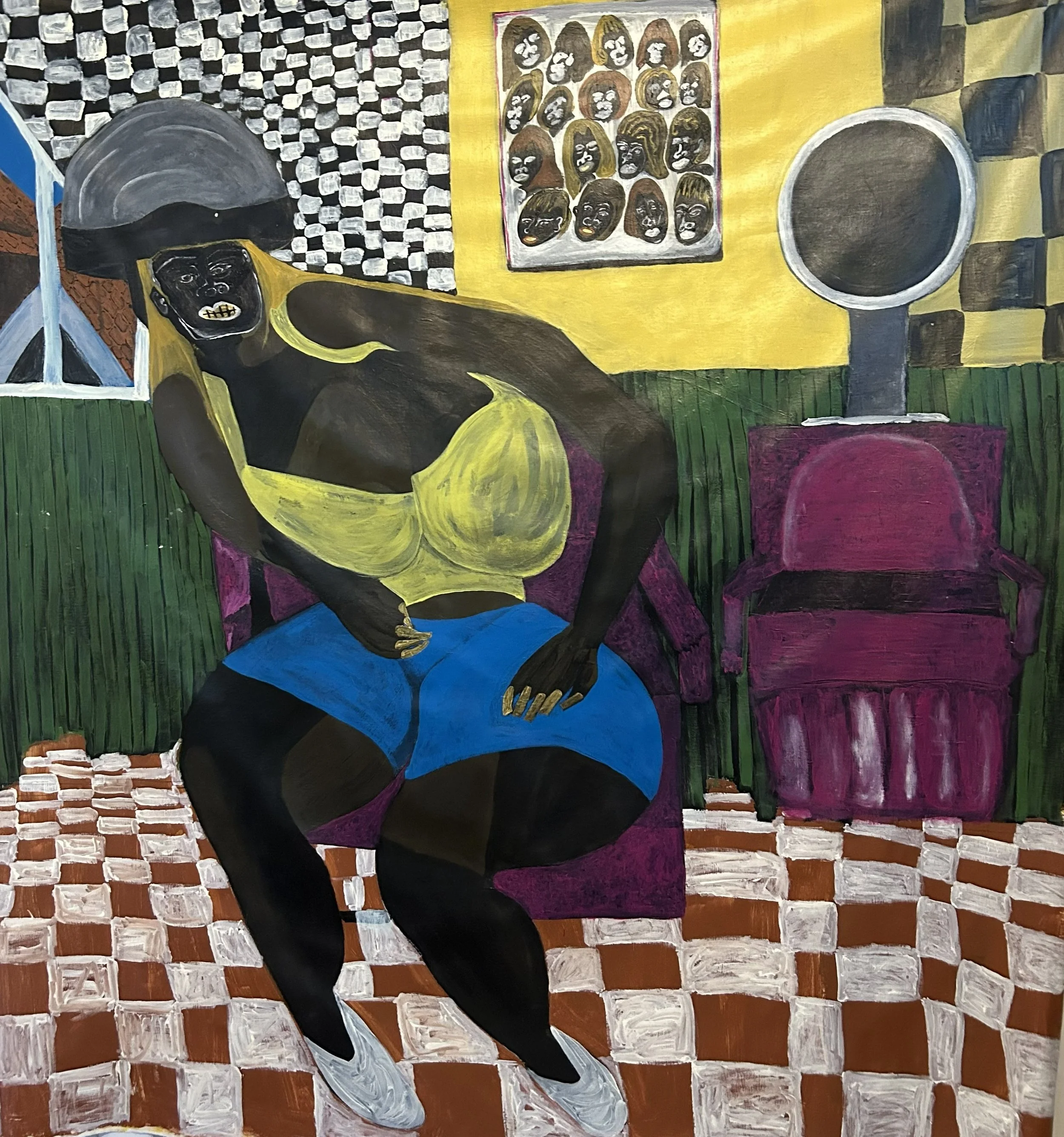 Detail of Hair Shop, original acrylic painting by DeNesha Deans, bold pattern and figure in Black Southern hair salon scene, New Orleans artist