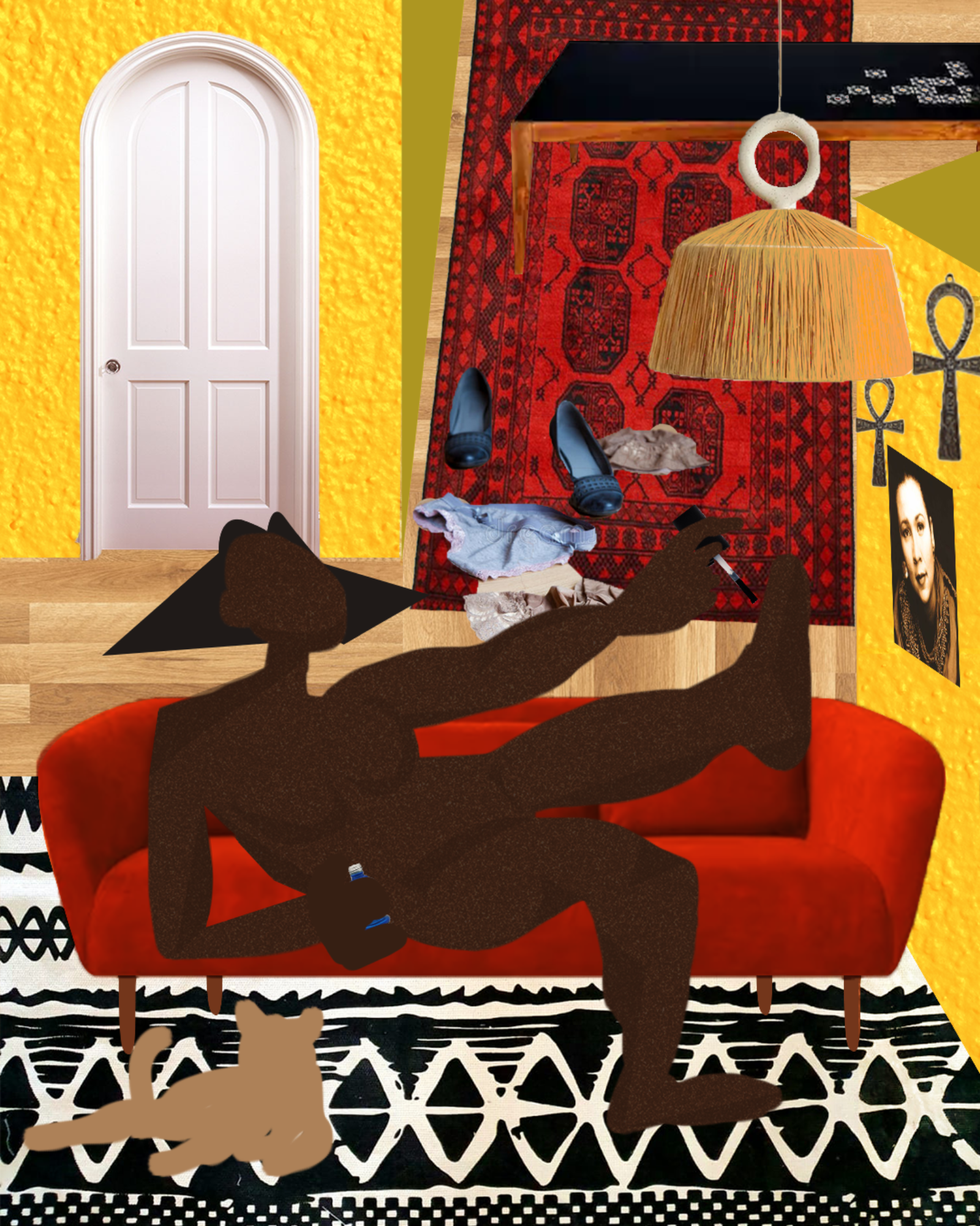 Self Love — collage portrait of Black woman surrounded by self love objects in her home, warm intentional interior, 2022, part of the At Home series by Studio Nesha