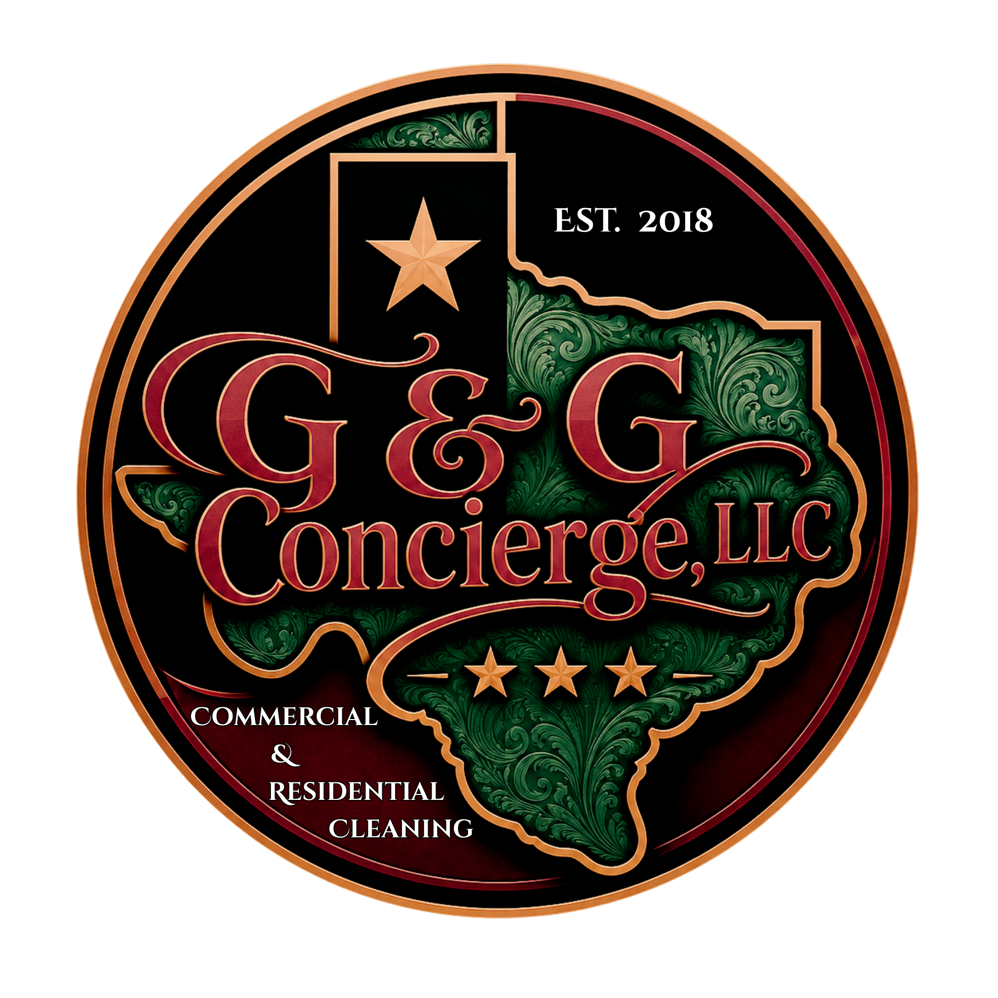 Gold, black, and red circular logo with a star and green decorative patterns, text reading 'EST. 2018' and 'Commercial & Residential Cleaning' for a company named 'Concierge LLC.'
