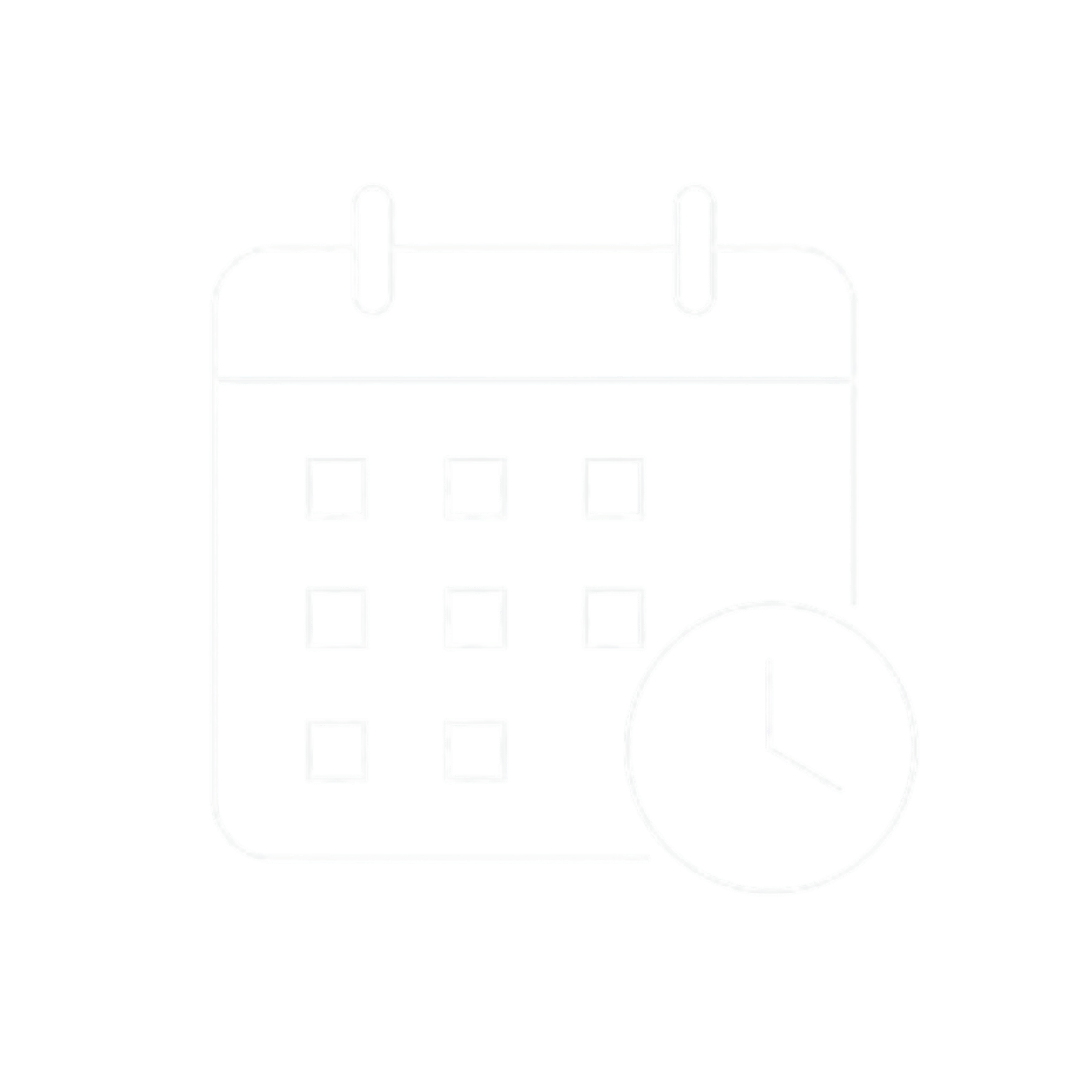 Symbol eines Kalenders mit einem Uhr-Icon, dargestellt in einfacher weißer Linienzeichnung auf schwarzem Hintergrund.