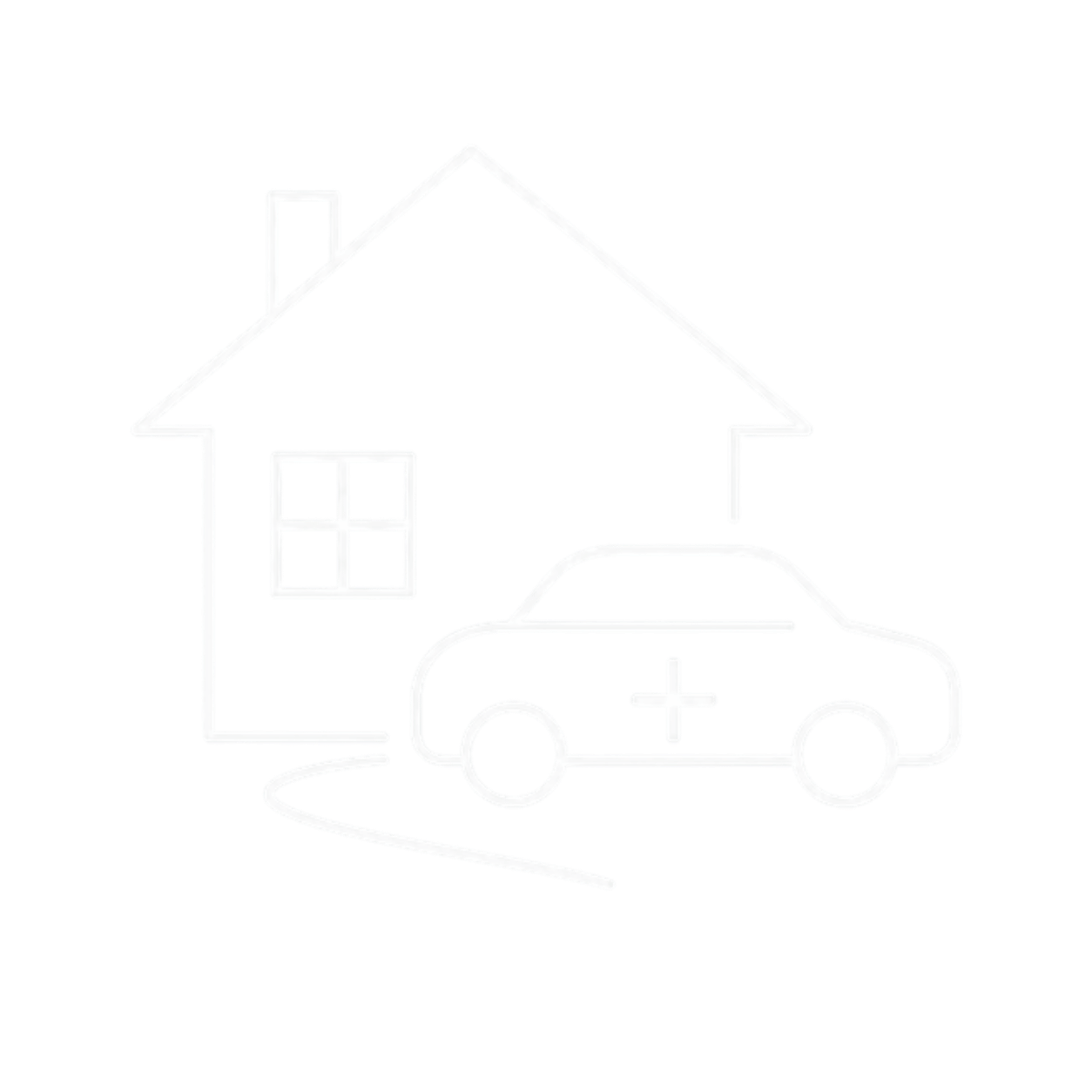 Skizze eines Hauses und eines Autos mit einem Pluszeichen darin, Symbolisierung eines medizinischen Rettungs- oder Krankenwagens vor einem Haus.