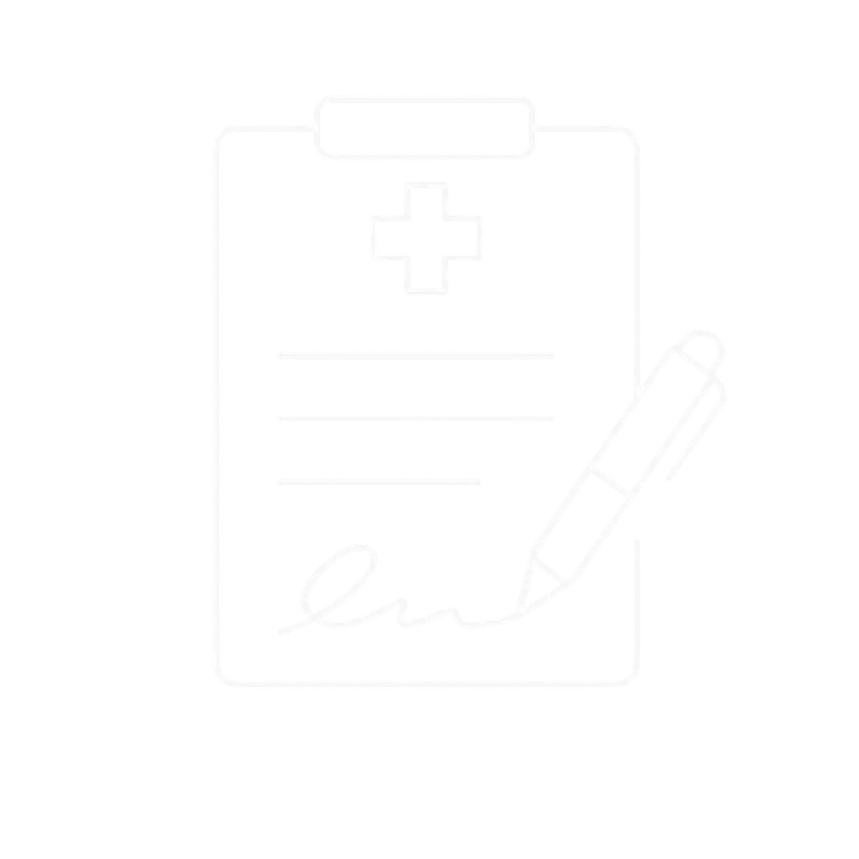 Skizzierte Darstellung eines Klemmbretts mit einem Kreuzsymbol, Formularlinien, einem Stift und einer Unterschrift