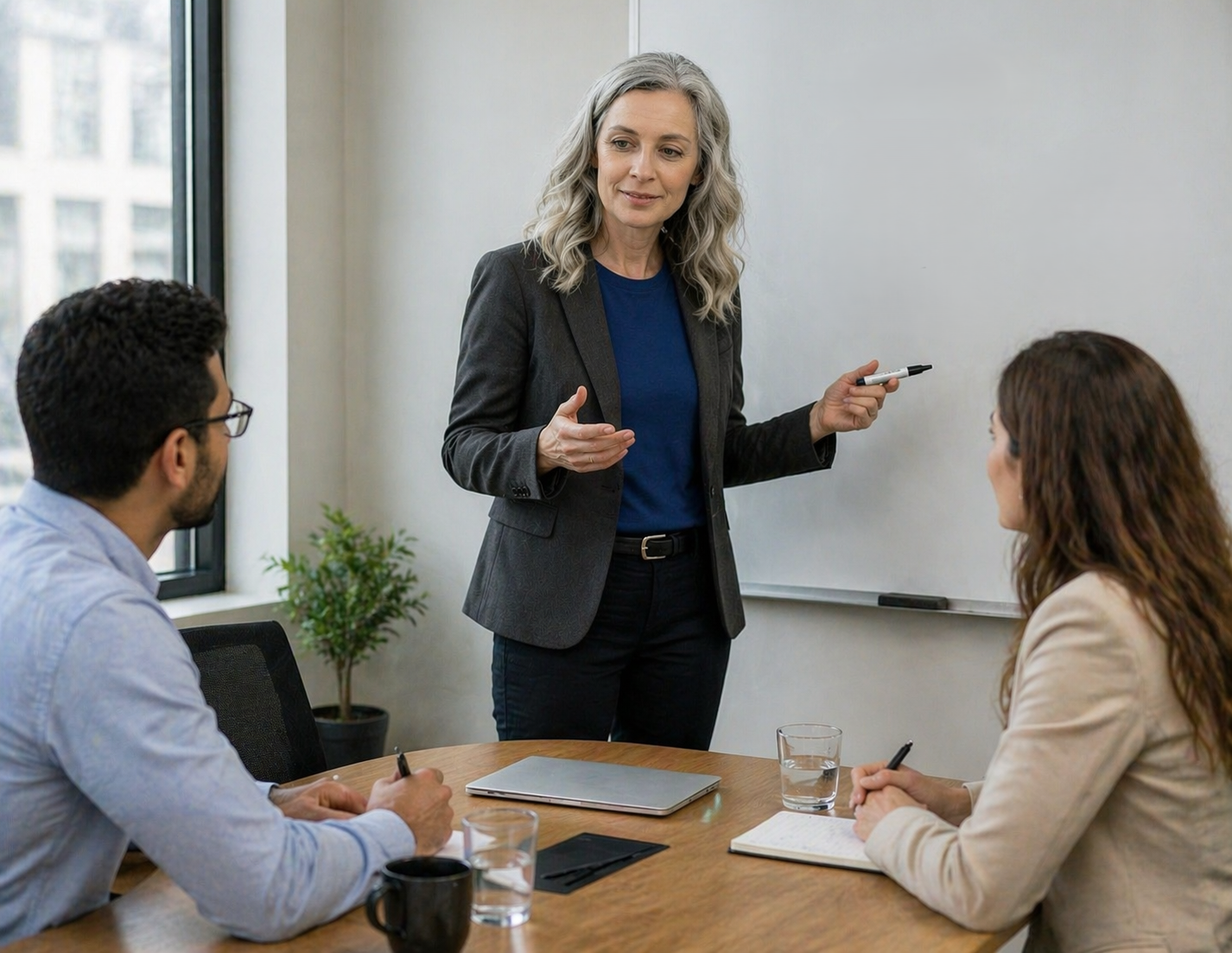 A woman with gray hair in a blazer and blue shirt stands in front of a whiteboard, holding a marker, as she talks to two seated colleagues in a meeting room.