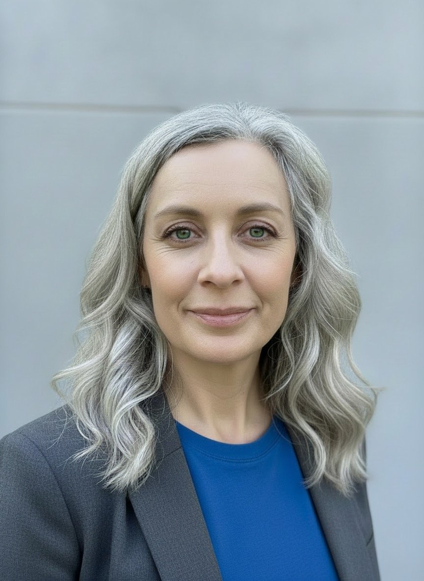 A woman with silver-gray wavy hair and light green eyes smiling slightly, wearing a dark blazer over a blue top, standing against a light gray background.