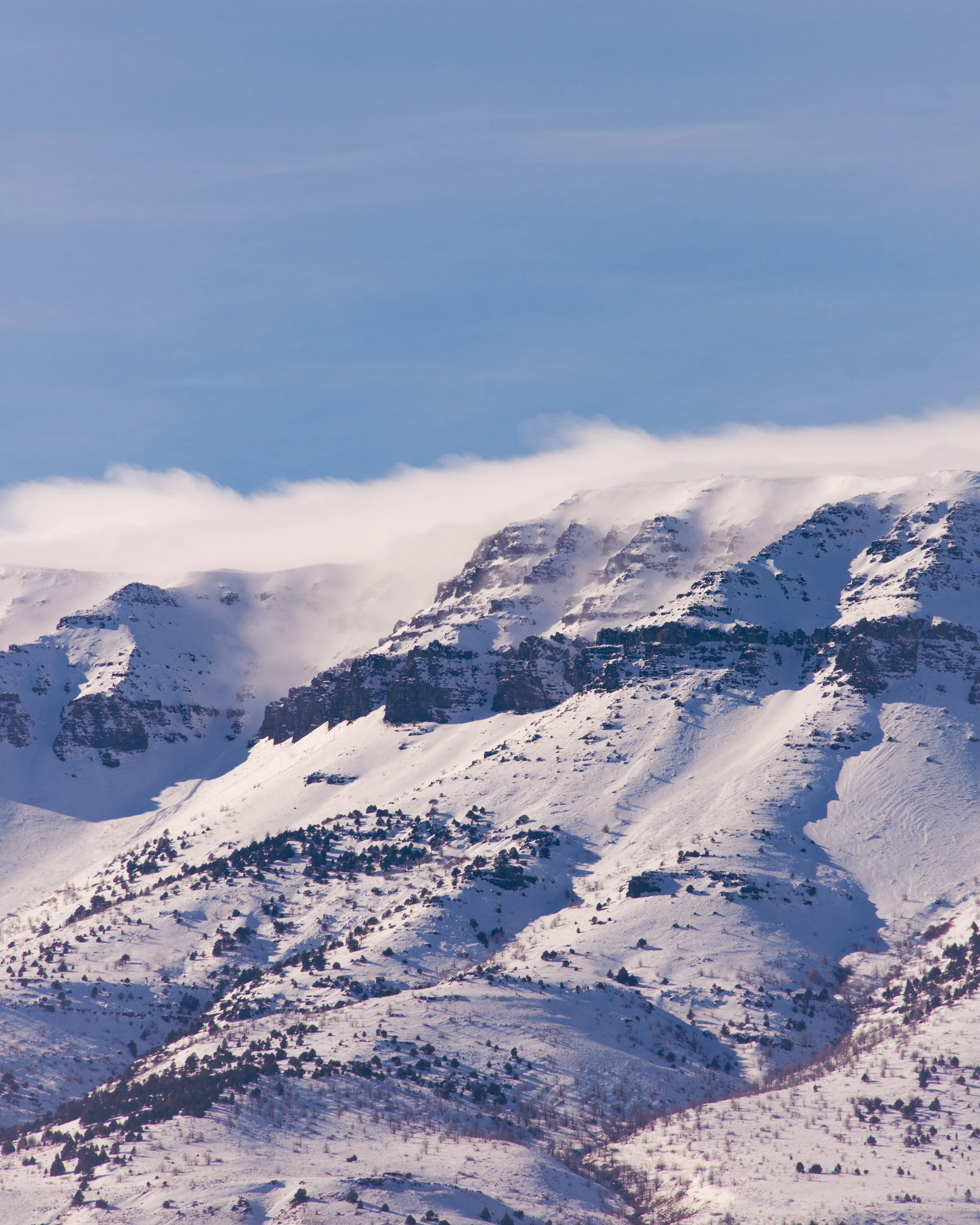 Snow-covered mountain range with partly cloudy sky and scattered trees on the slopes.