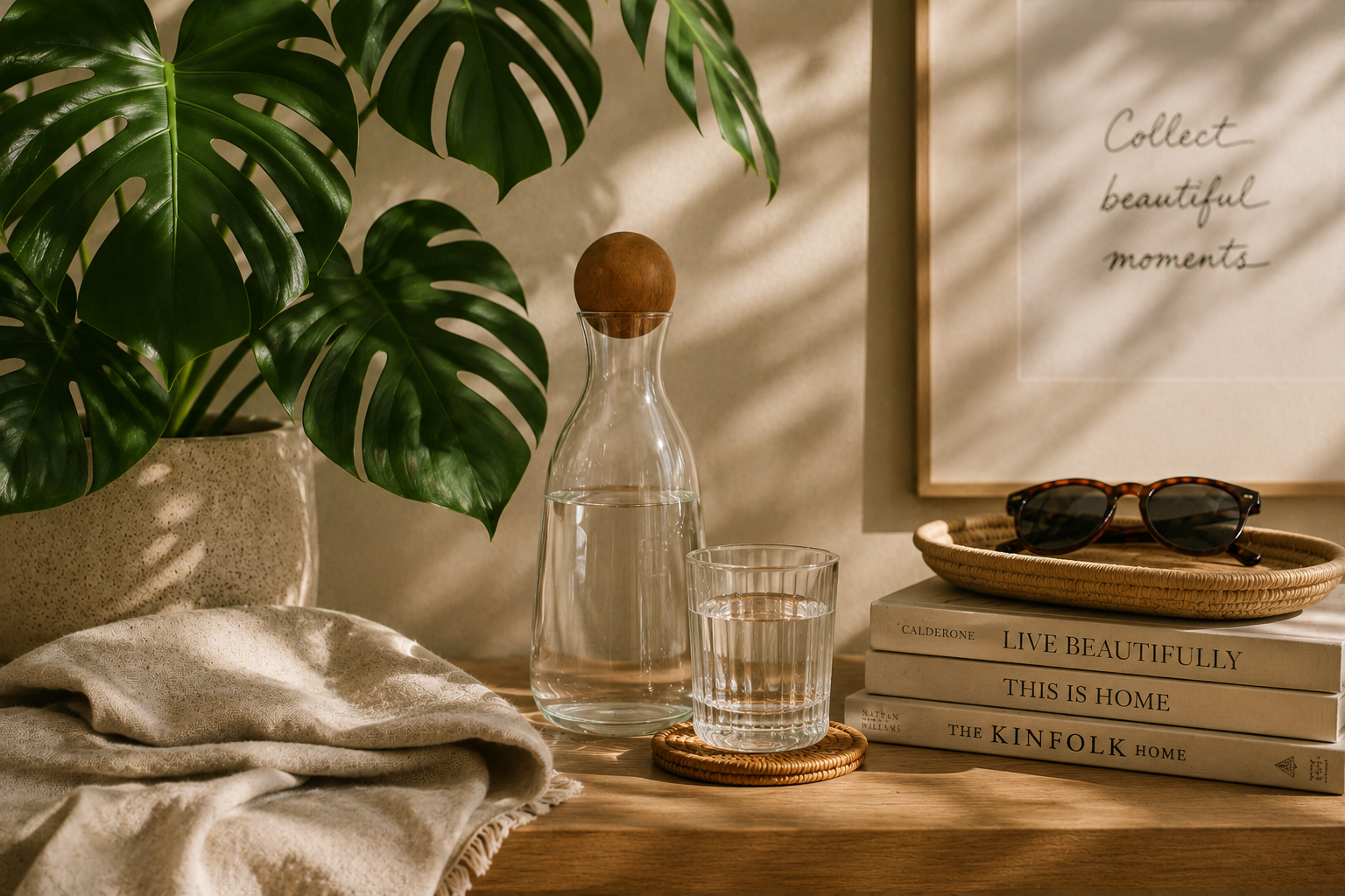 Glass water carafe, drinking glass, books and sunglasses arranged on a sunlit table.
