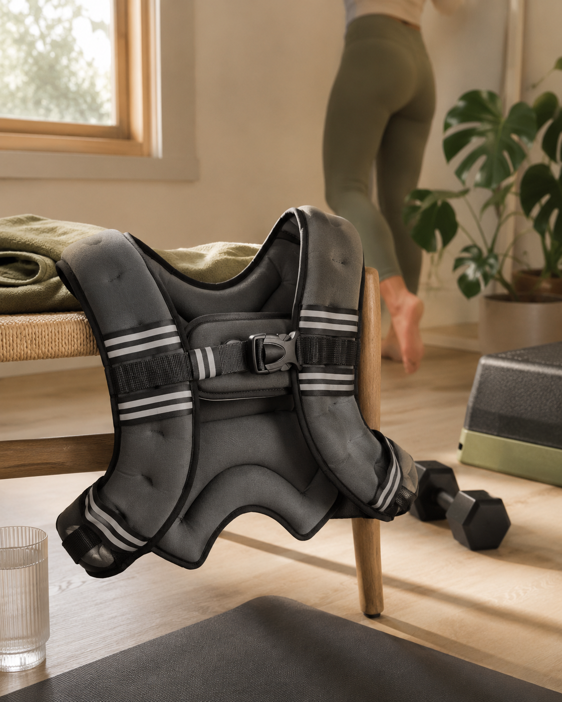 Weighted vest and dumbbells in a home movement and workout space