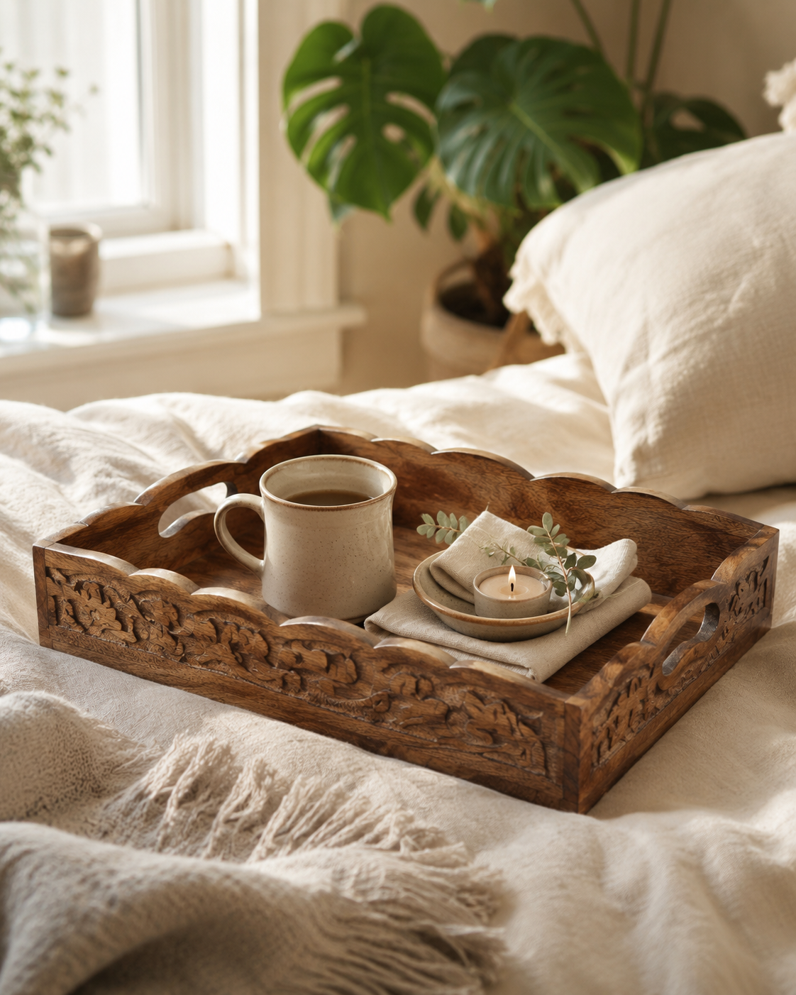 Coffee and candle on a wooden tray in bed for a slow morning ritual
