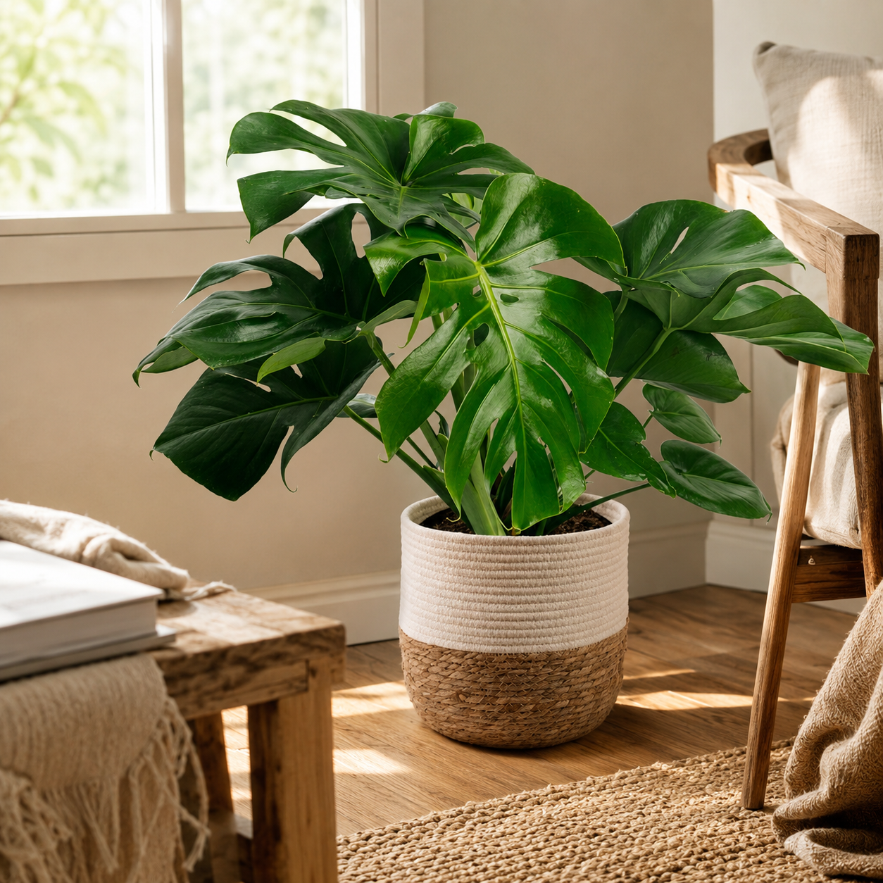 Large monstera plant in a woven basket creating a warm, calming home space