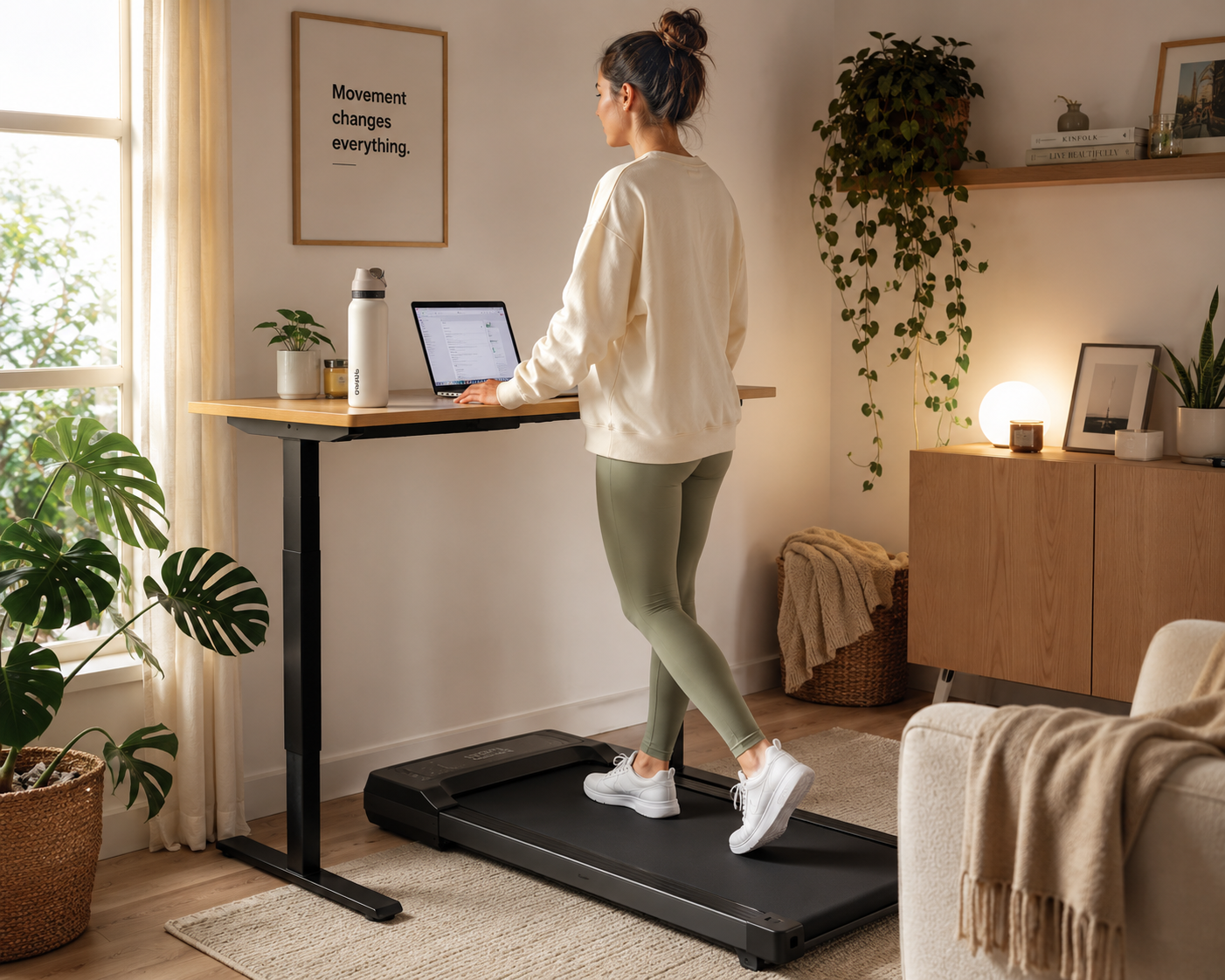 Woman walking on an under-desk walking pad at a standing desk in a home office.