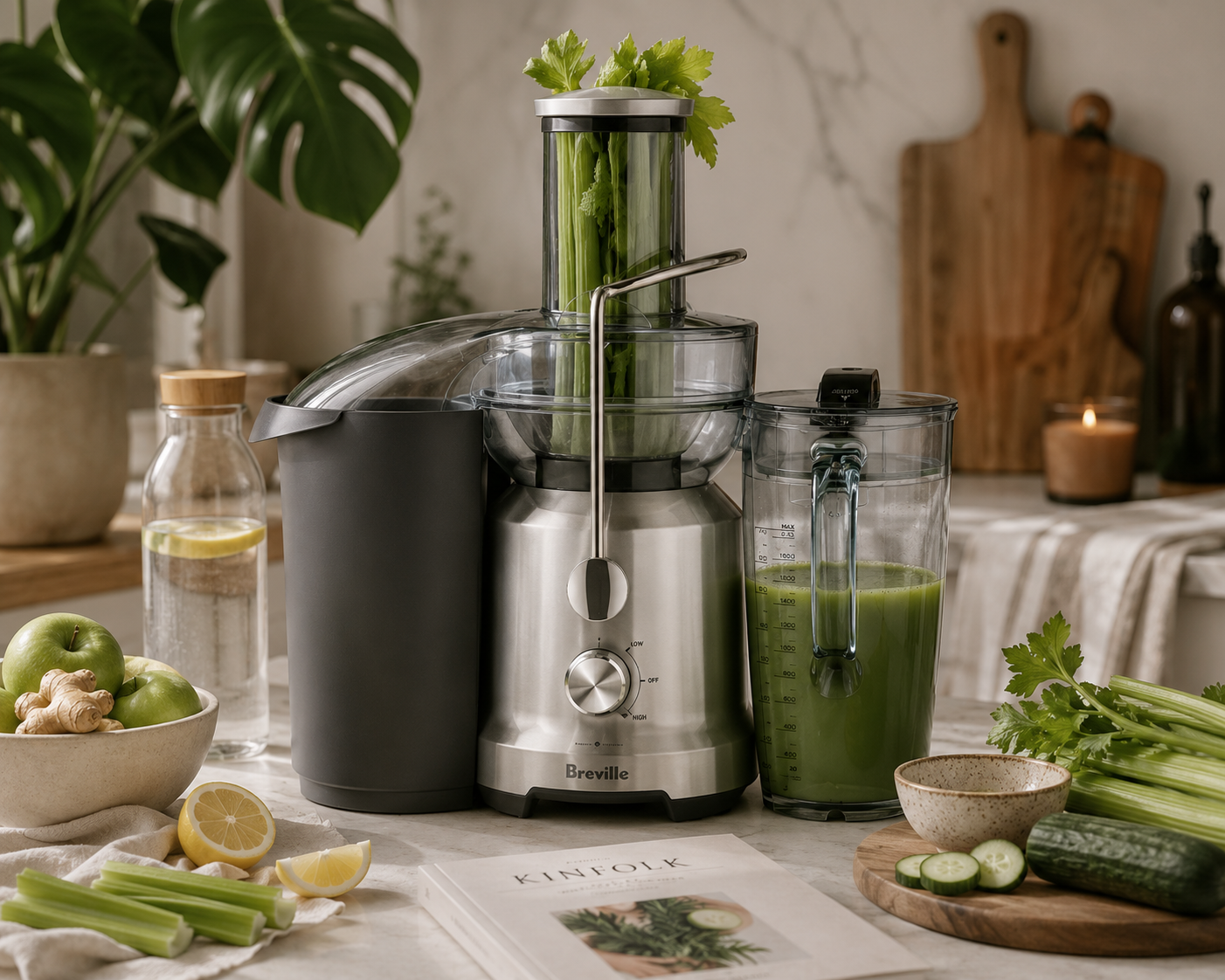Breville juicer with fresh green juice and produce in a home kitchen