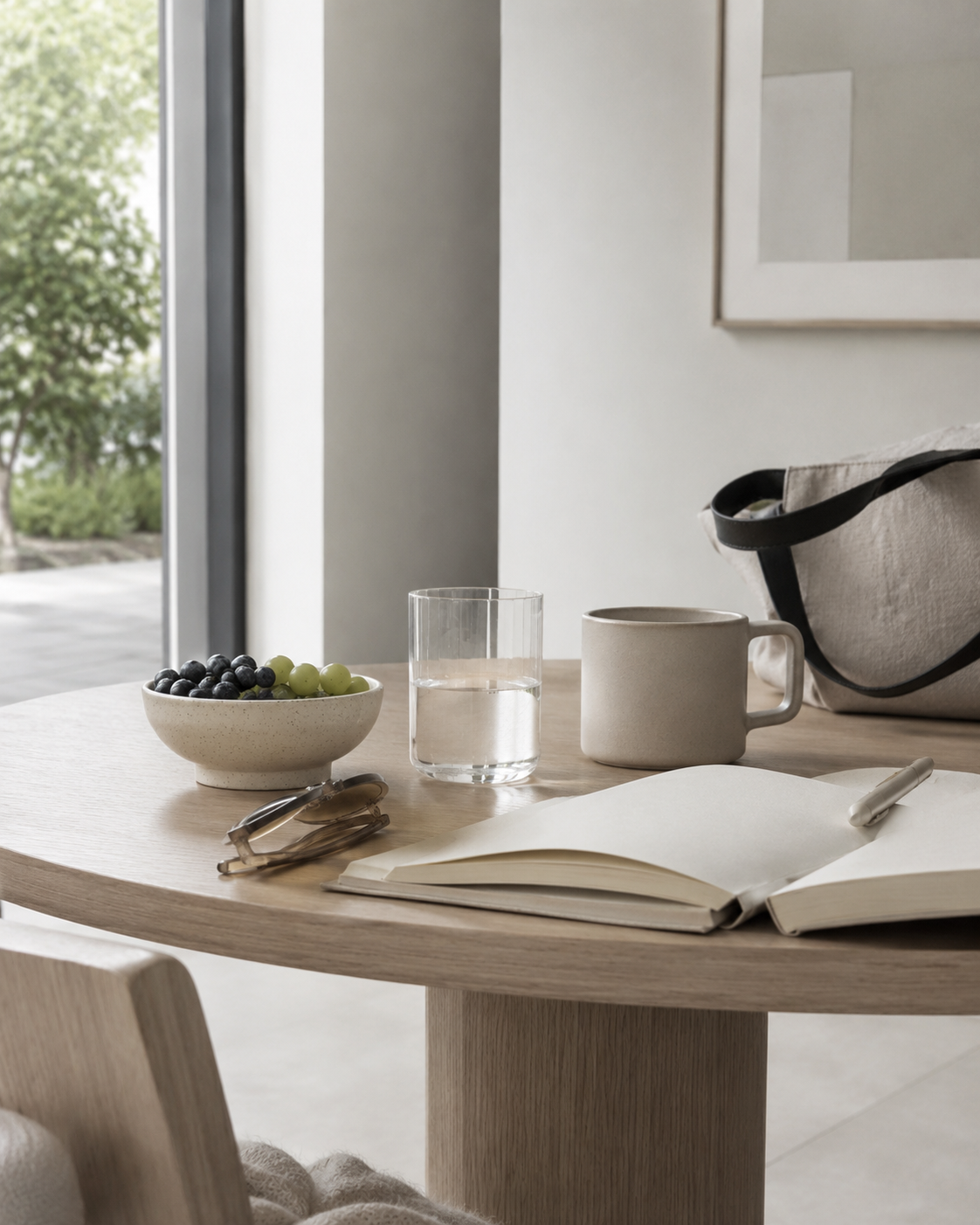 Journal, coffee, fruit and everyday essentials on a table representing real-life wellness