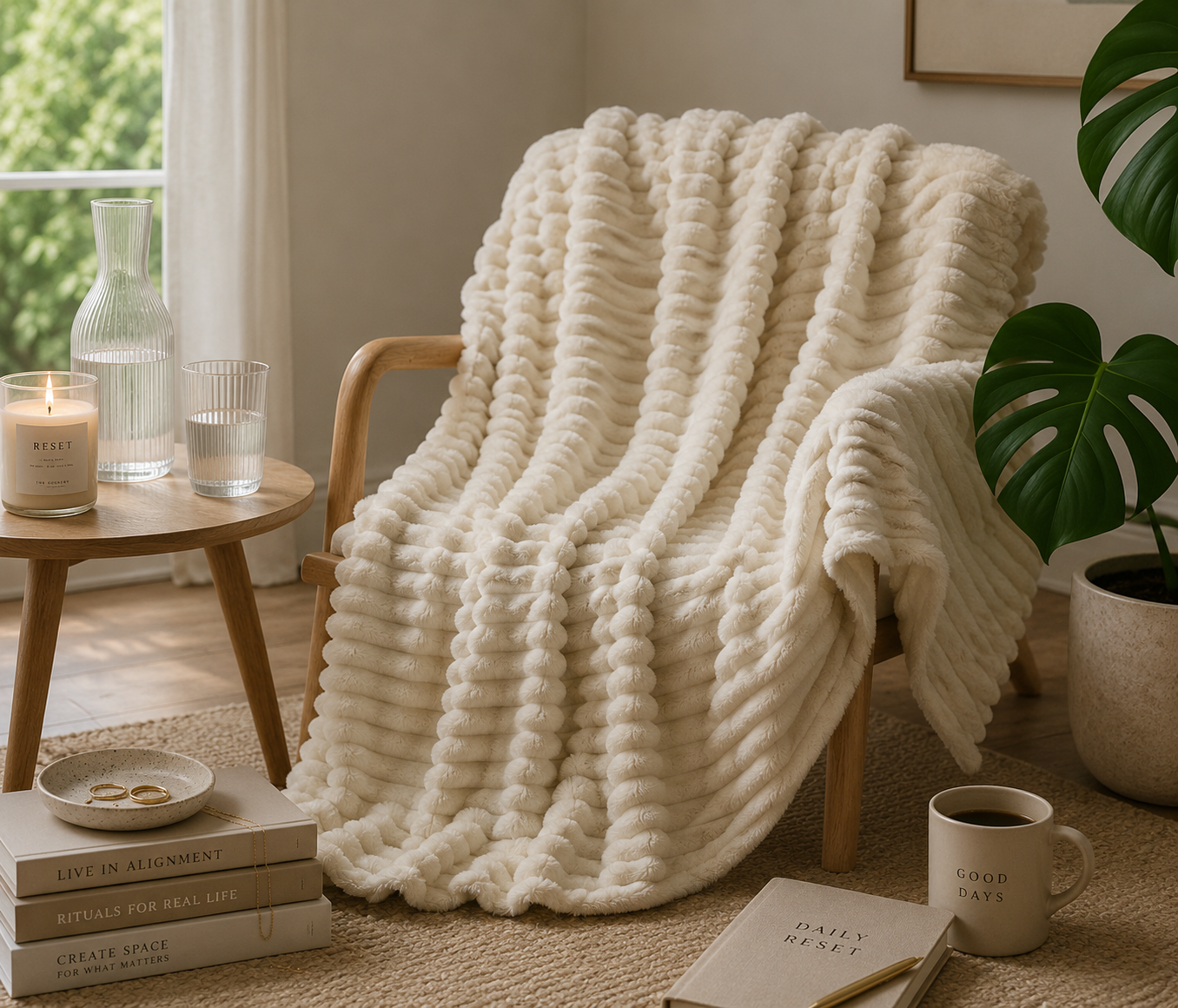 Soft cream blanket draped over a chair for a cozy grounding ritual
