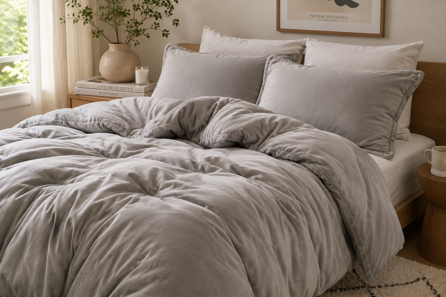 Soft neutral comforter and pillows on a cozy made bed.