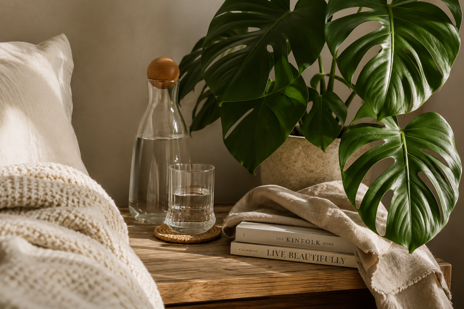 Glass water carafe and drinking glass on a bedside table with books and a monstera plant.