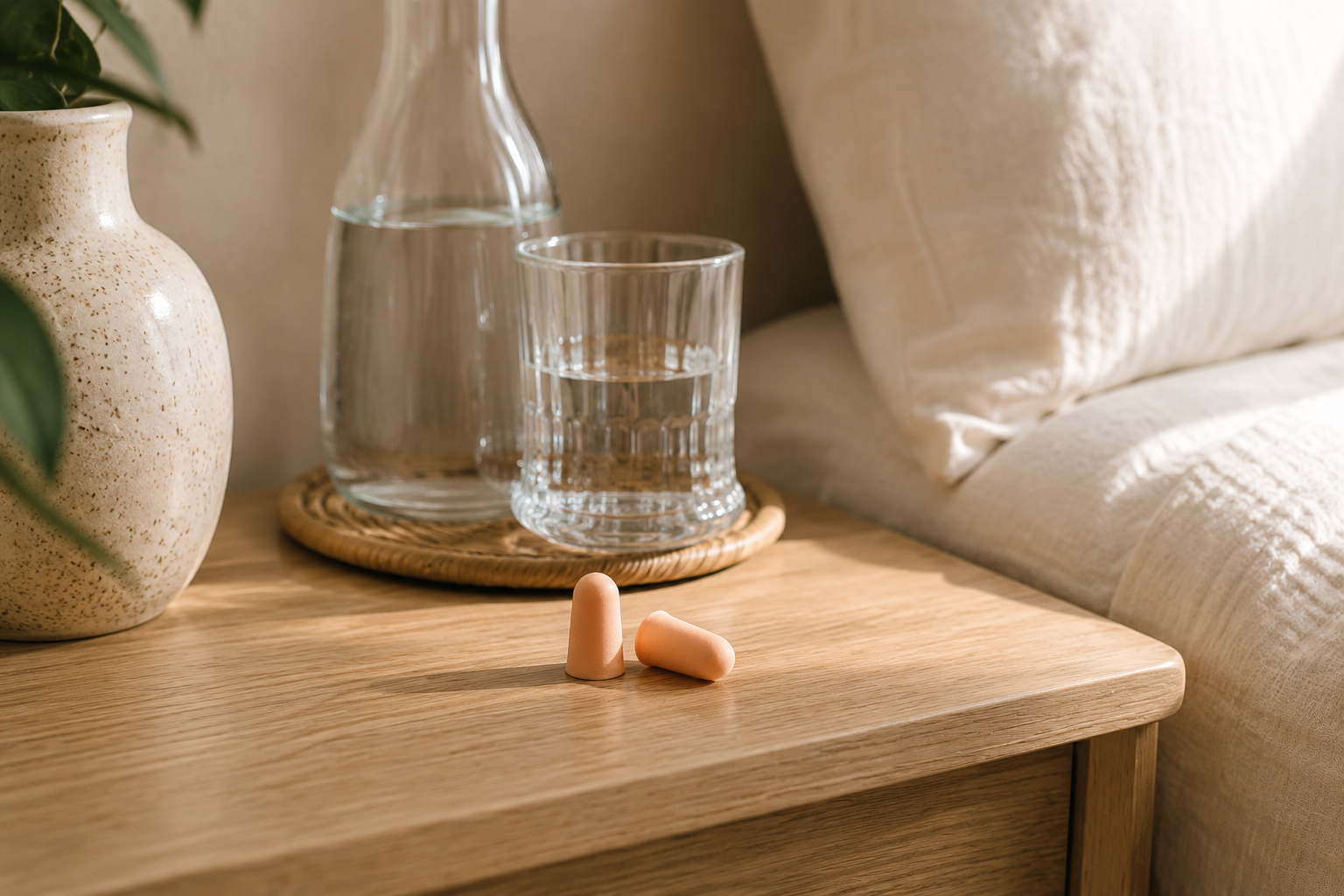 Pair of soft foam earplugs on a bedside table beside a glass of water.