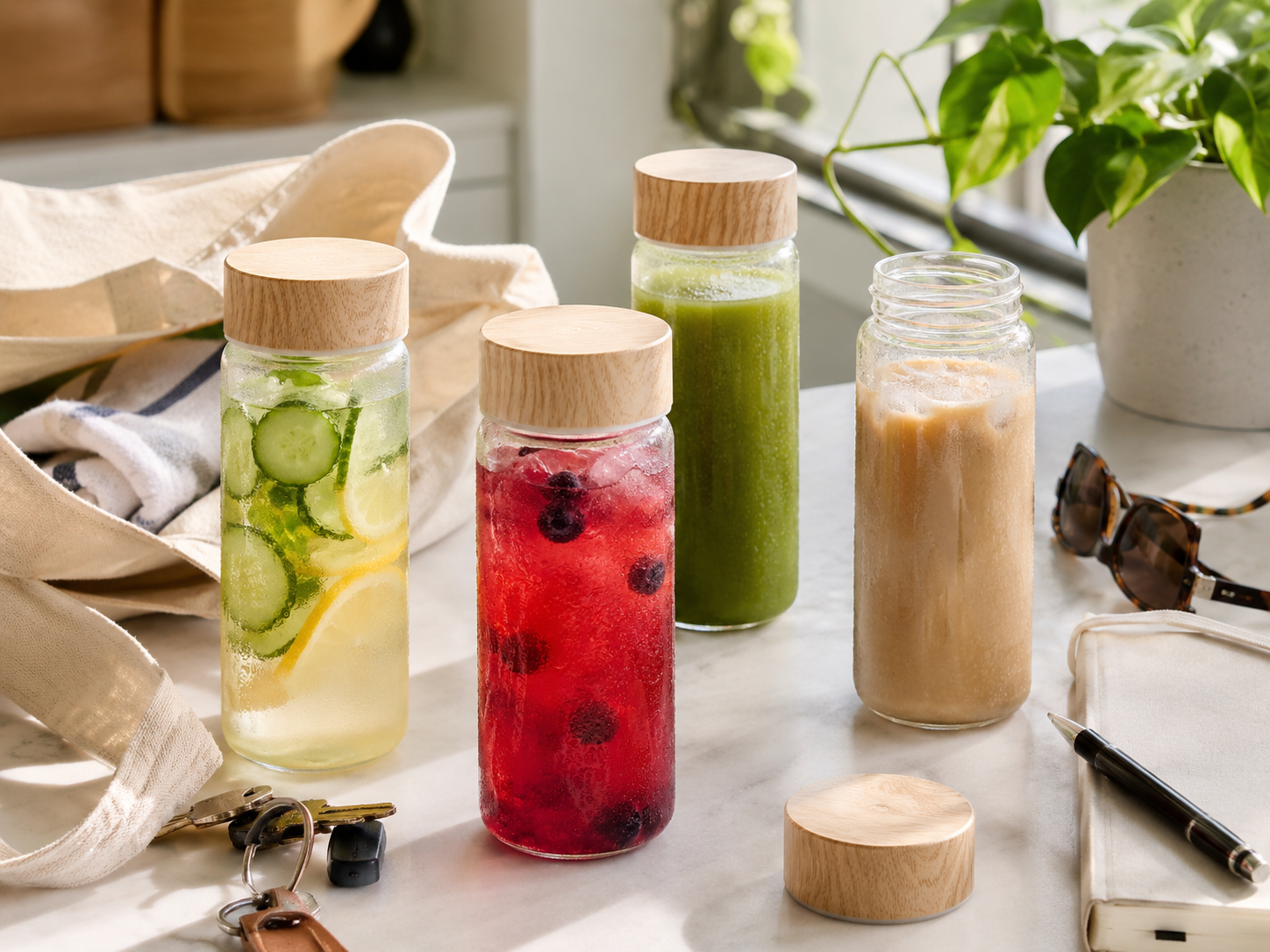 Reusable glass bottles filled with infused water, juice and smoothies