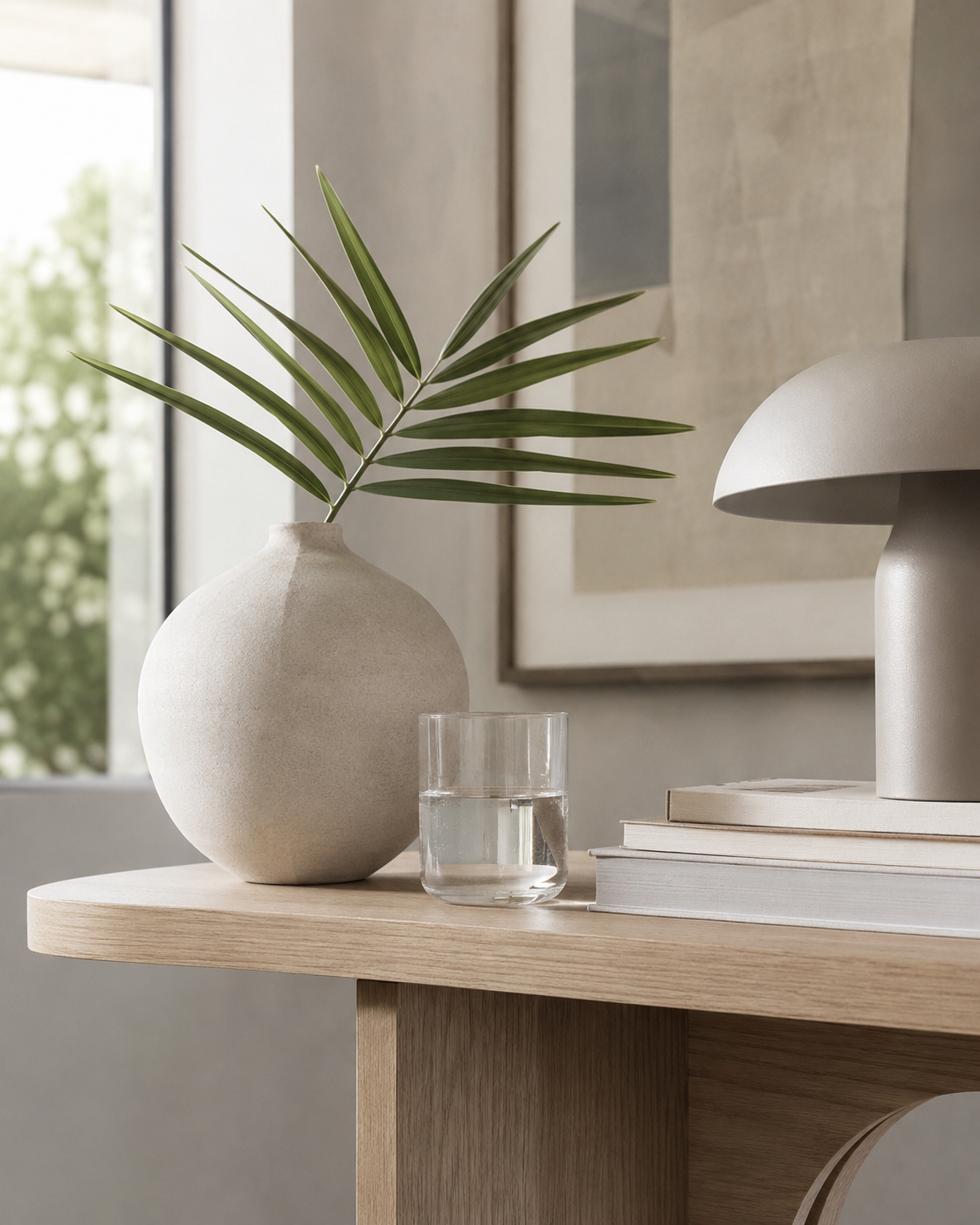 Calm home interior with plant, books and water representing intentional everyday living