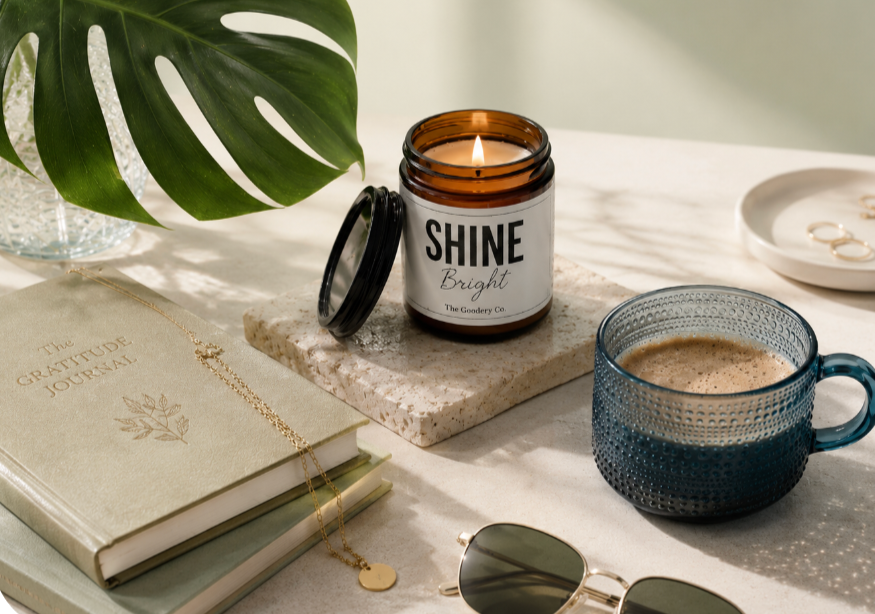 The Goodery Shine Bright candle beside coffee and journals for a slow morning ritual
