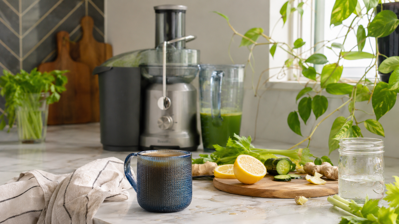 Breville juicer with fresh green juice, celery, cucumber and lemon on a kitchen counter.
