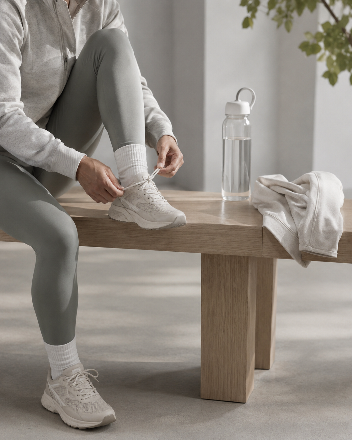 Woman tying sneakers before movement as part of an approachable everyday wellness routine