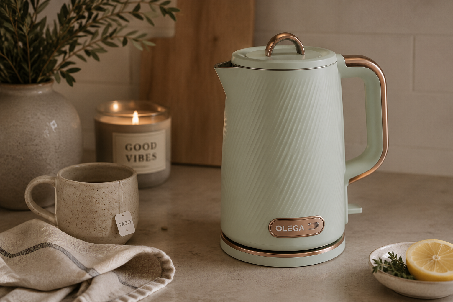 Electric tea kettle beside a mug, candle and tea bag in a cozy kitchen setting.