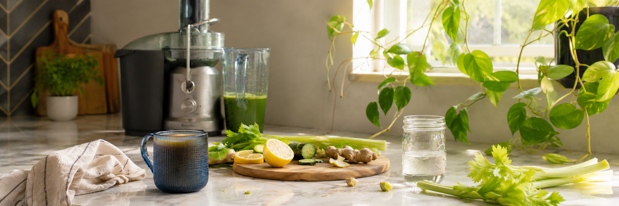 Breville juicer with fresh green juice in a bright home kitchen