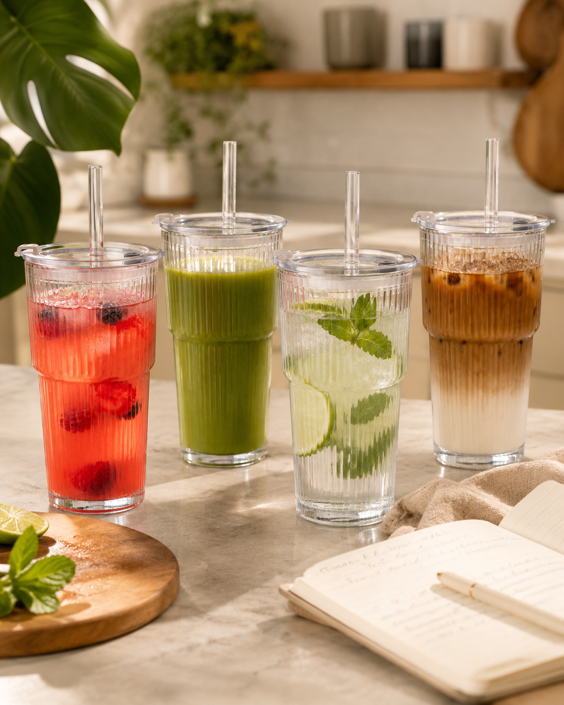 Glass tumblers with straws filled with juice, infused water and iced coffee