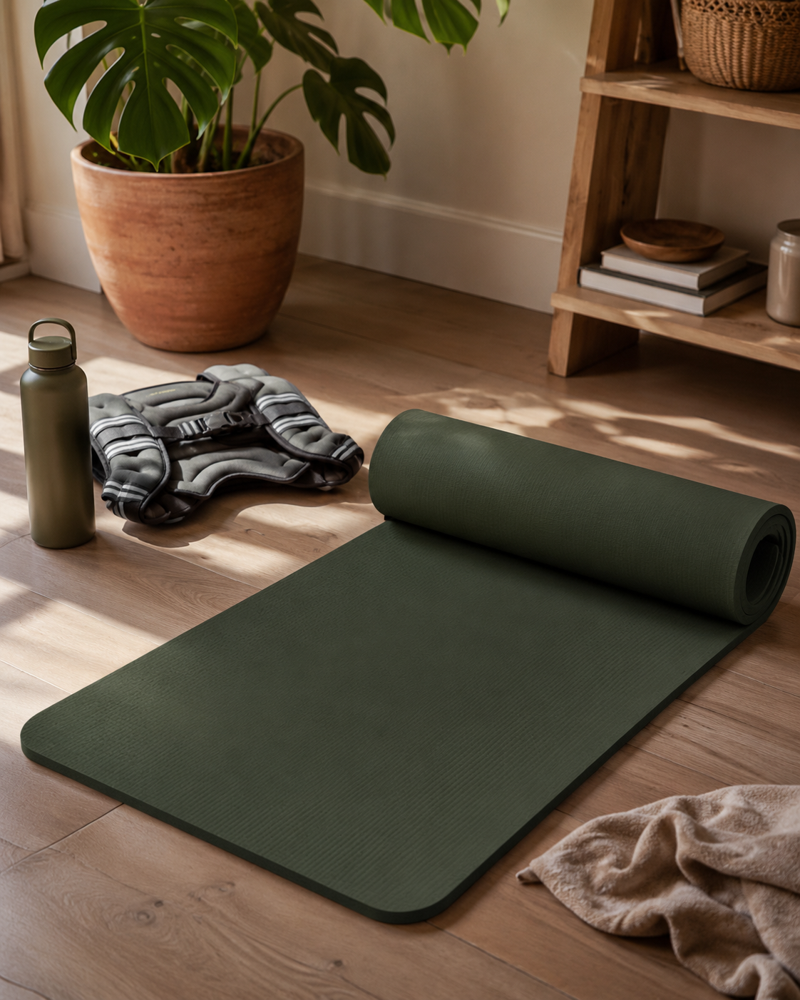 Green yoga mat with workout weights and reusable water bottle at home