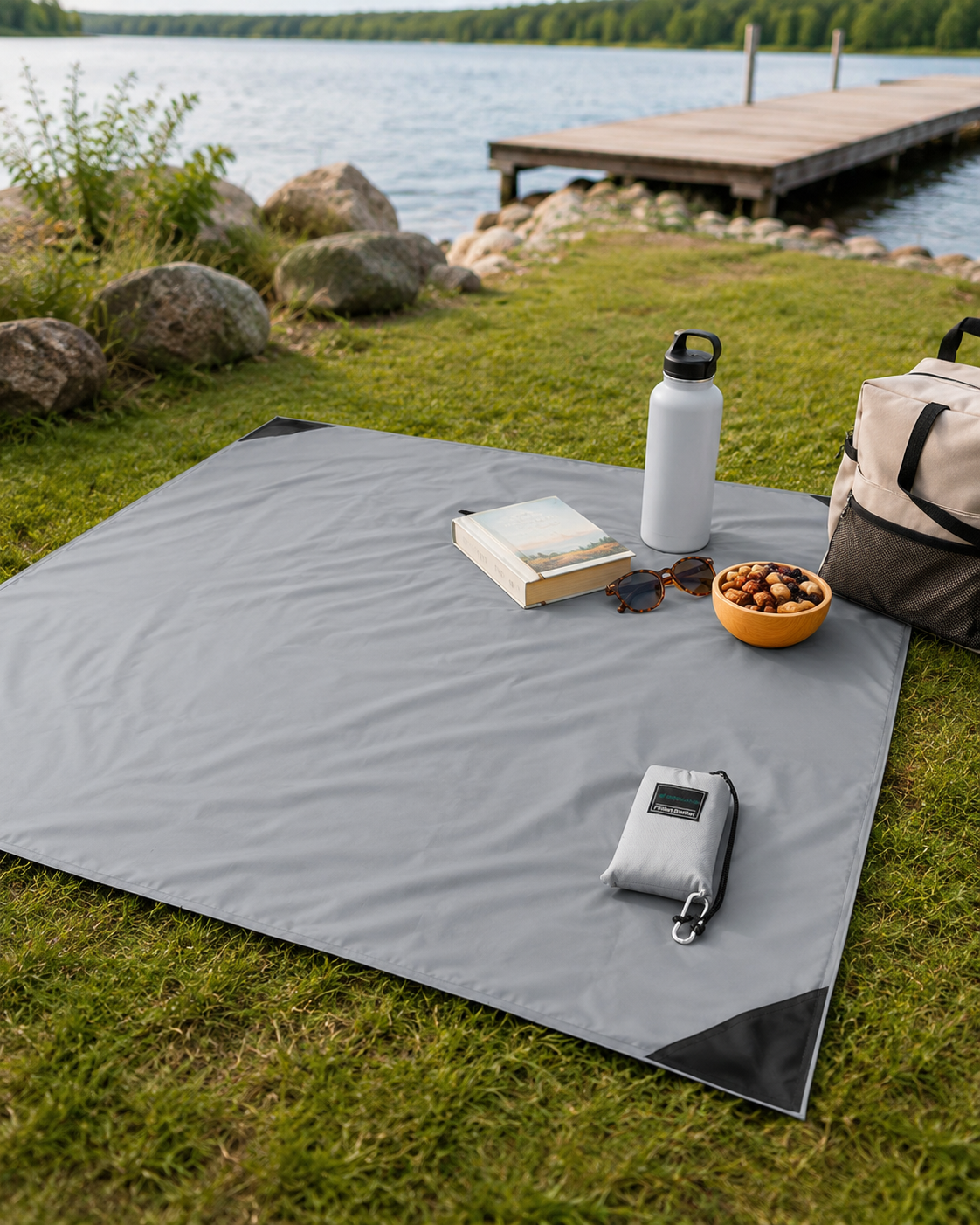 Portable outdoor blanket spread beside a lake with a water bottle, book and tote bag.