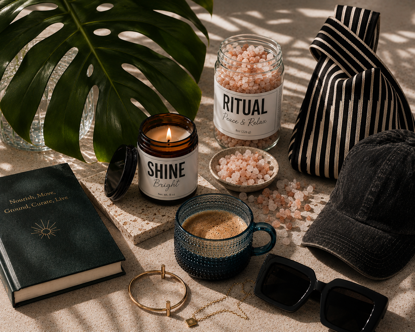 Self-care ritual with The Goodery candle, bath salts, coffee, journal and accessories