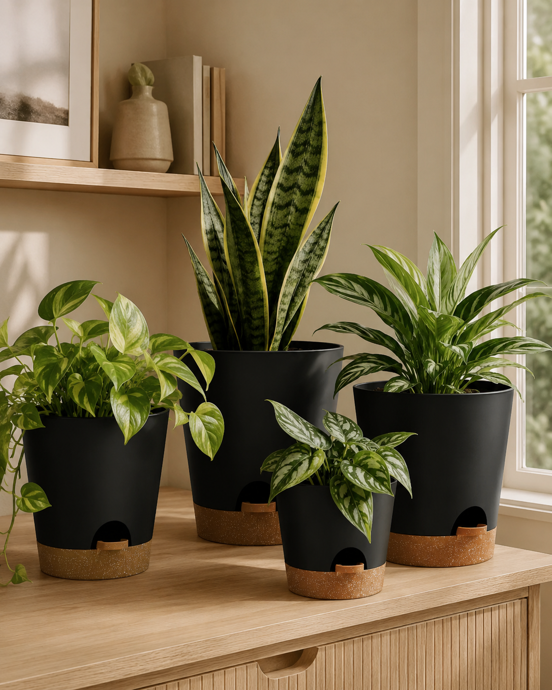 Collection of indoor houseplants in black self-watering planters.