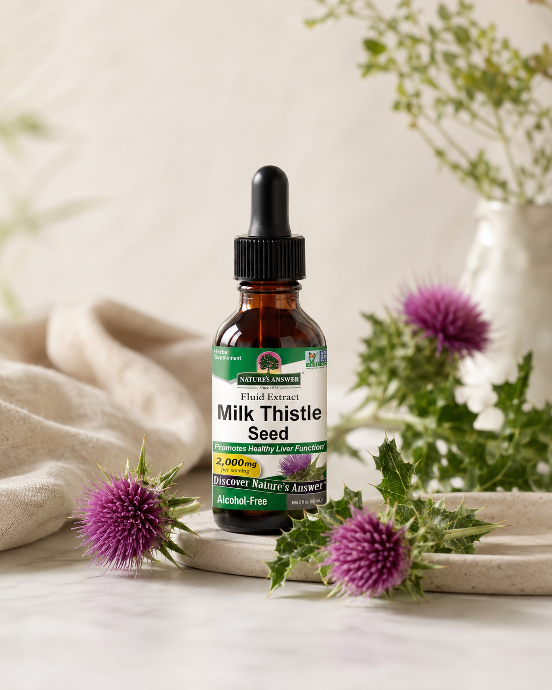 Nature's Answer milk thistle liquid extract bottle with milk thistle flowers.