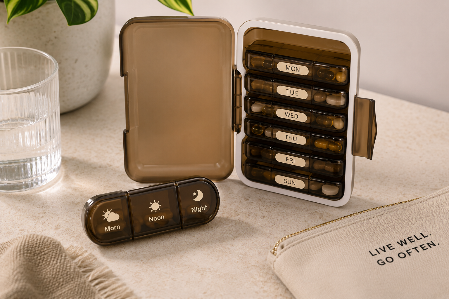 Compact travel pill and vitamin organizer with labeled daily compartments.