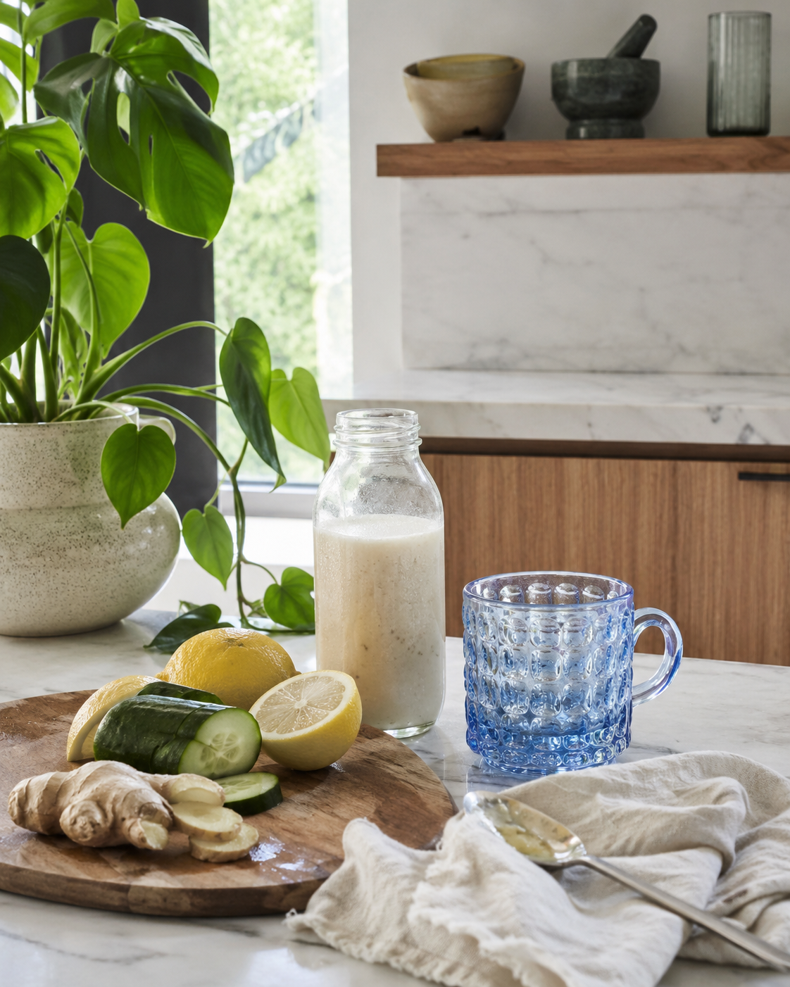 Cucumber, lemon, ginger and a homemade drink arranged in a bright kitchen.