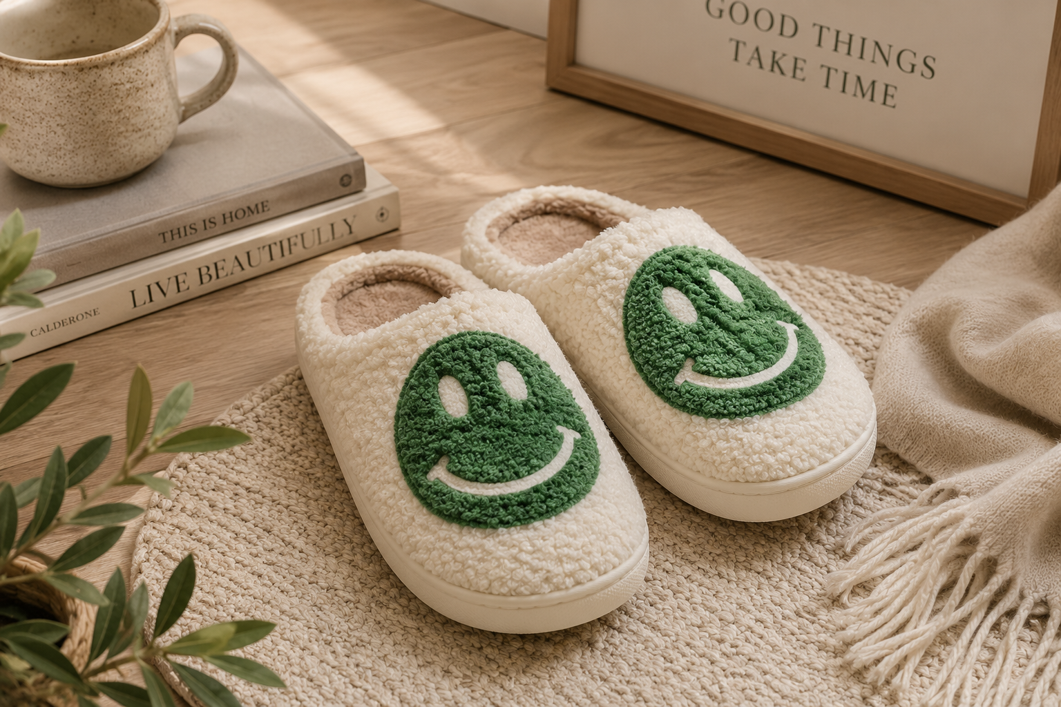 Cream house slippers with green smiley faces beside books and a mug.