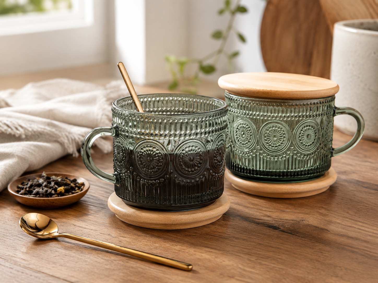 Textured glass mugs with wooden lids and gold spoons styled for tea and coffee.