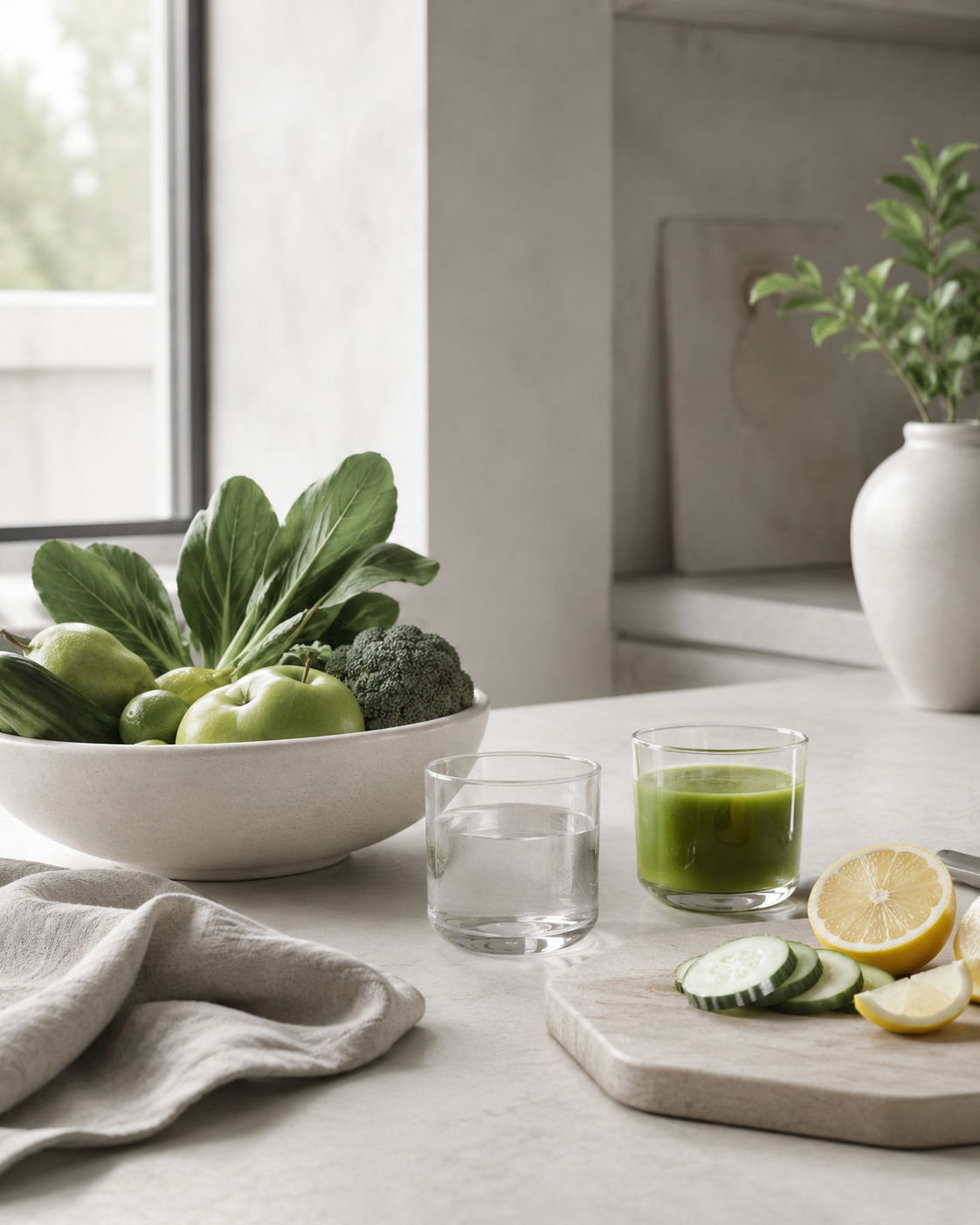 Fresh greens, green juice, water and citrus representing approachable everyday nourishment