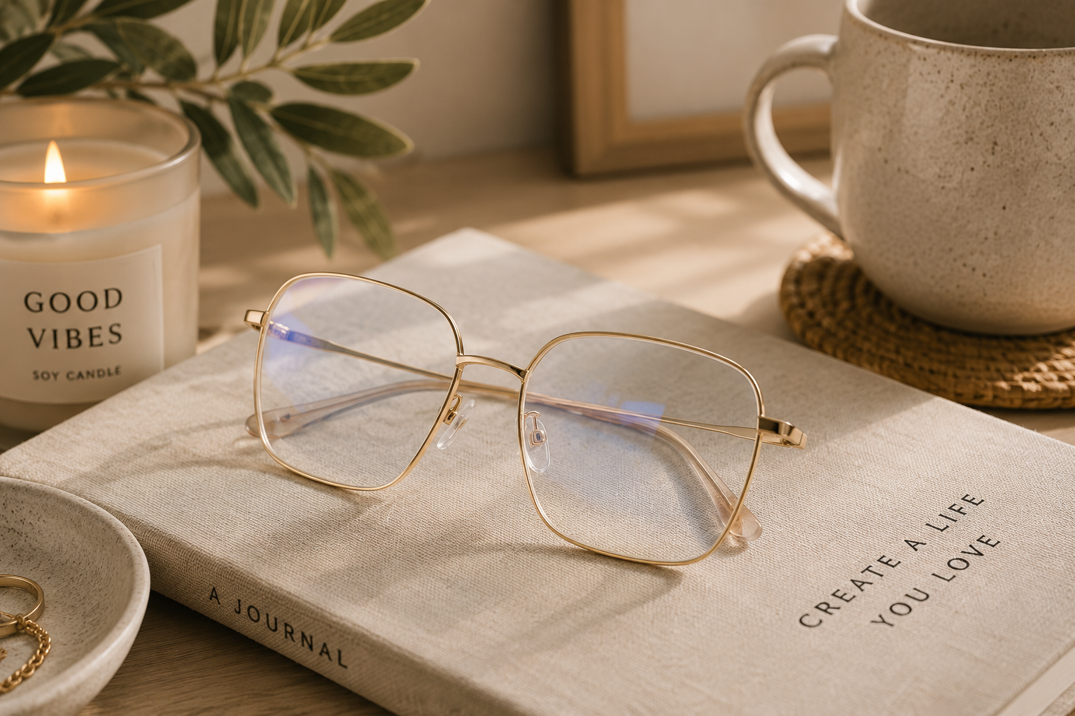 Gold-frame blue light glasses resting on a journal beside a mug.
