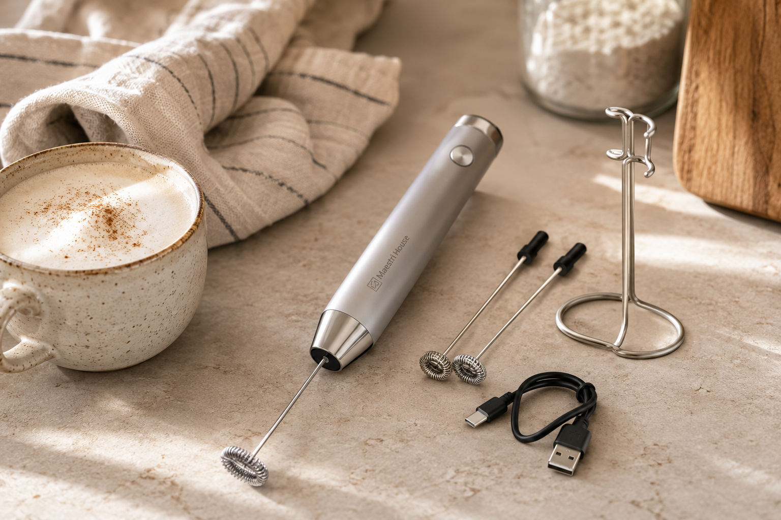 Handheld milk frother with whisk attachments beside a mug.