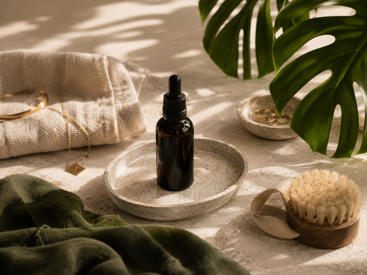Amber skincare serum bottle styled with a dry brush and self-care accessories