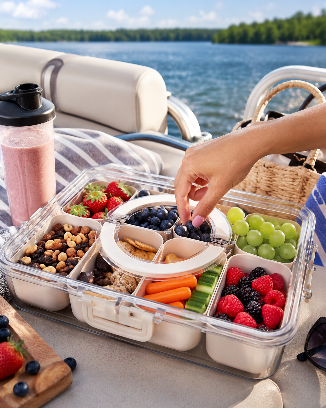 Portable snack box filled with berries, grapes, vegetables, nuts and crackers.