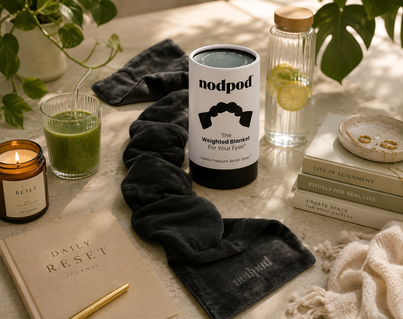 Nodpod weighted eye mask styled with a journal, candle and green juice