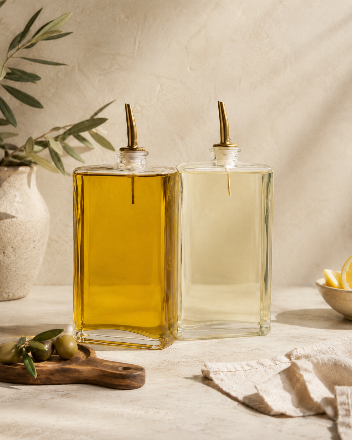 Two clear glass dispensers filled with oil and vinegar on a kitchen counter.