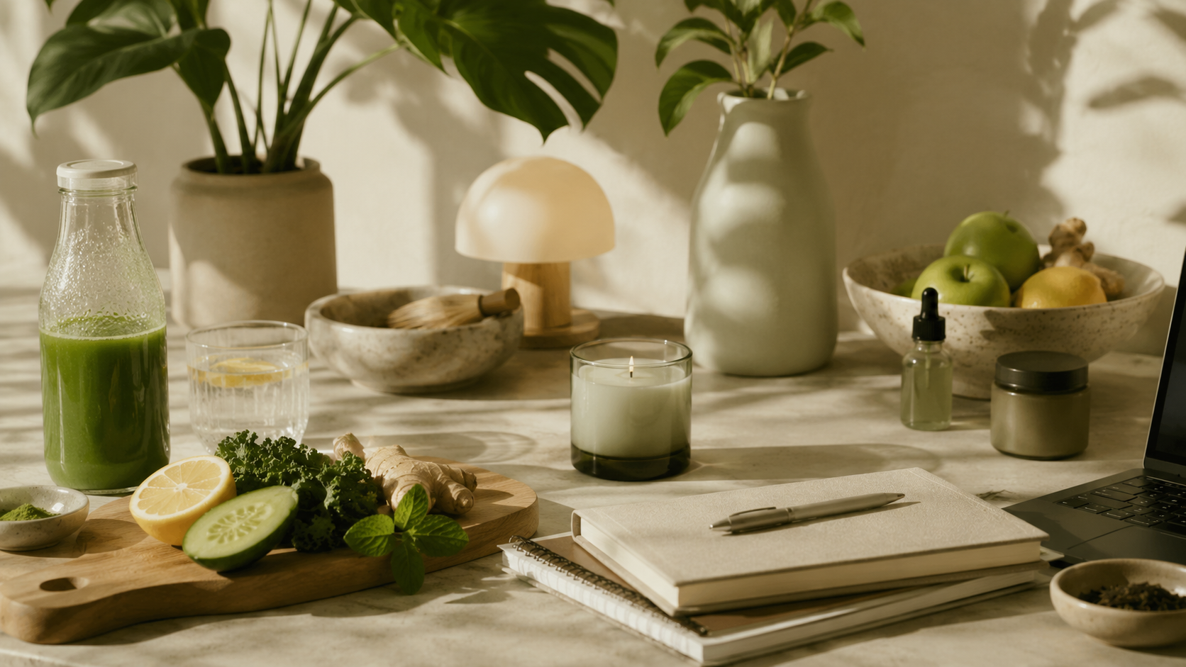 Green juice, fresh produce, candle, journal and laptop representing The Goodery Co. wellness lifestyle brand